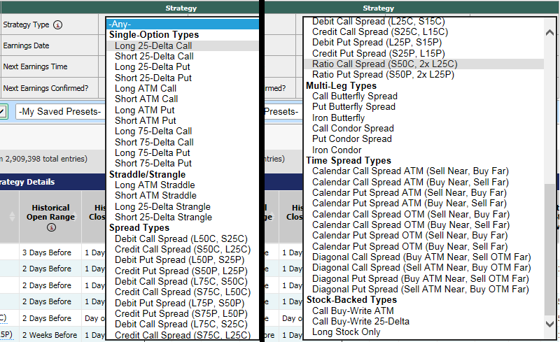 A screenshot of the strategy type selections for the earnings option screener